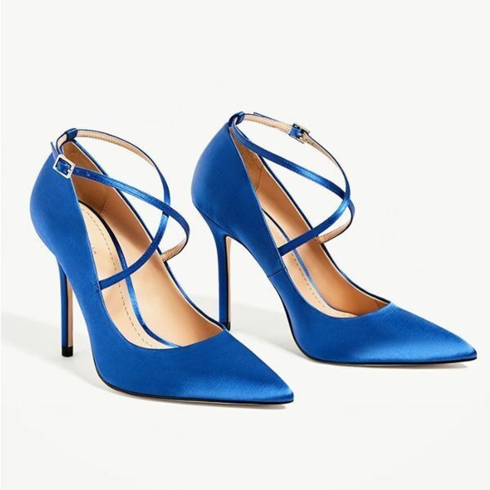 NEW ZARA WOMAN SATIN ROYAL ELECTRIC BLUE HIGH HEEL SHOES WITH CRISS CROSS STRAPS